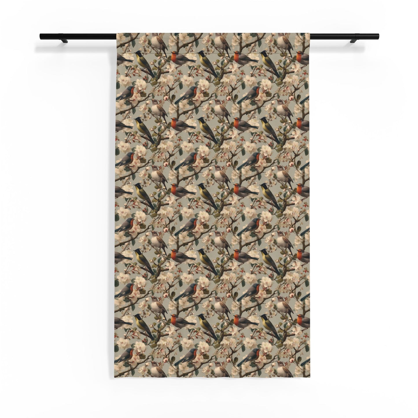 Vintage Birds Pattern Sheer Window Curtain | Floral Branches, Neutral Tones