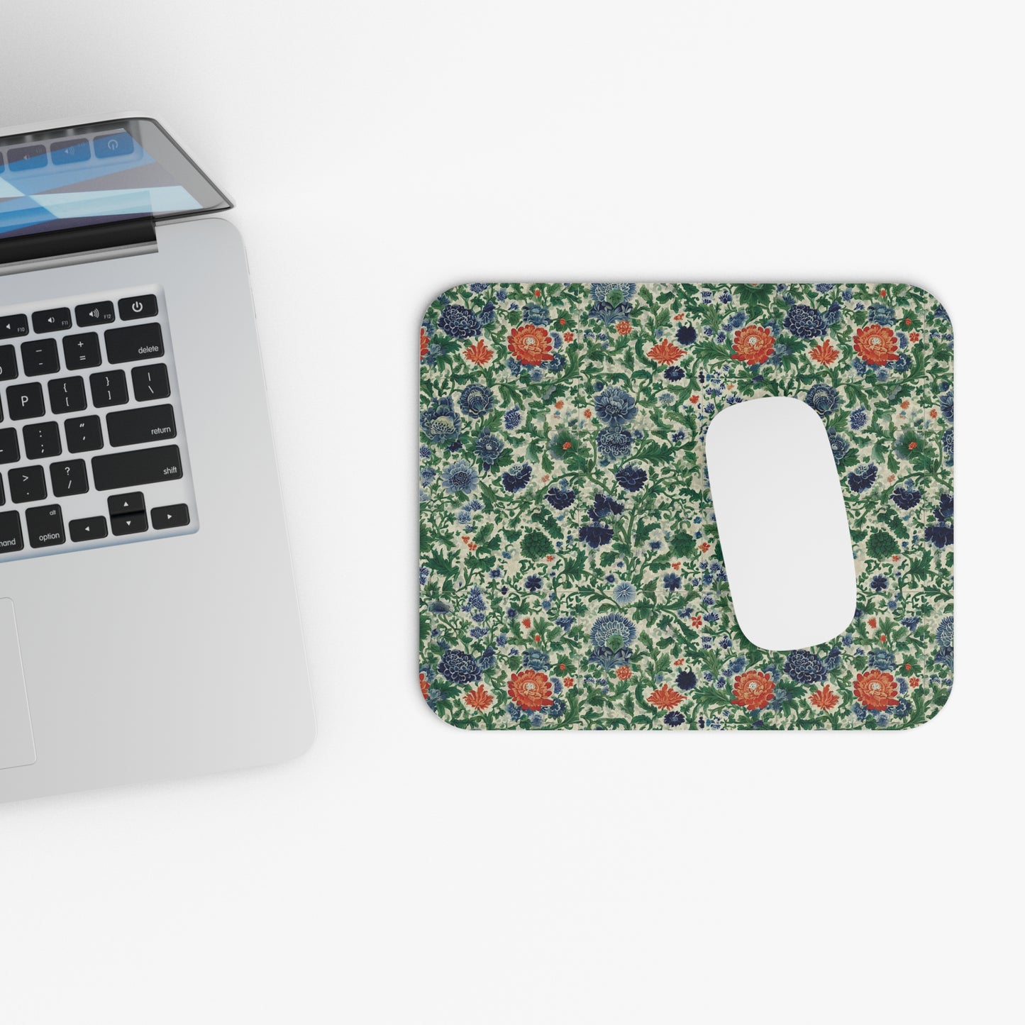 Vintage Floral Pattern Mouse Pad | Blue Green Red Botanical Design