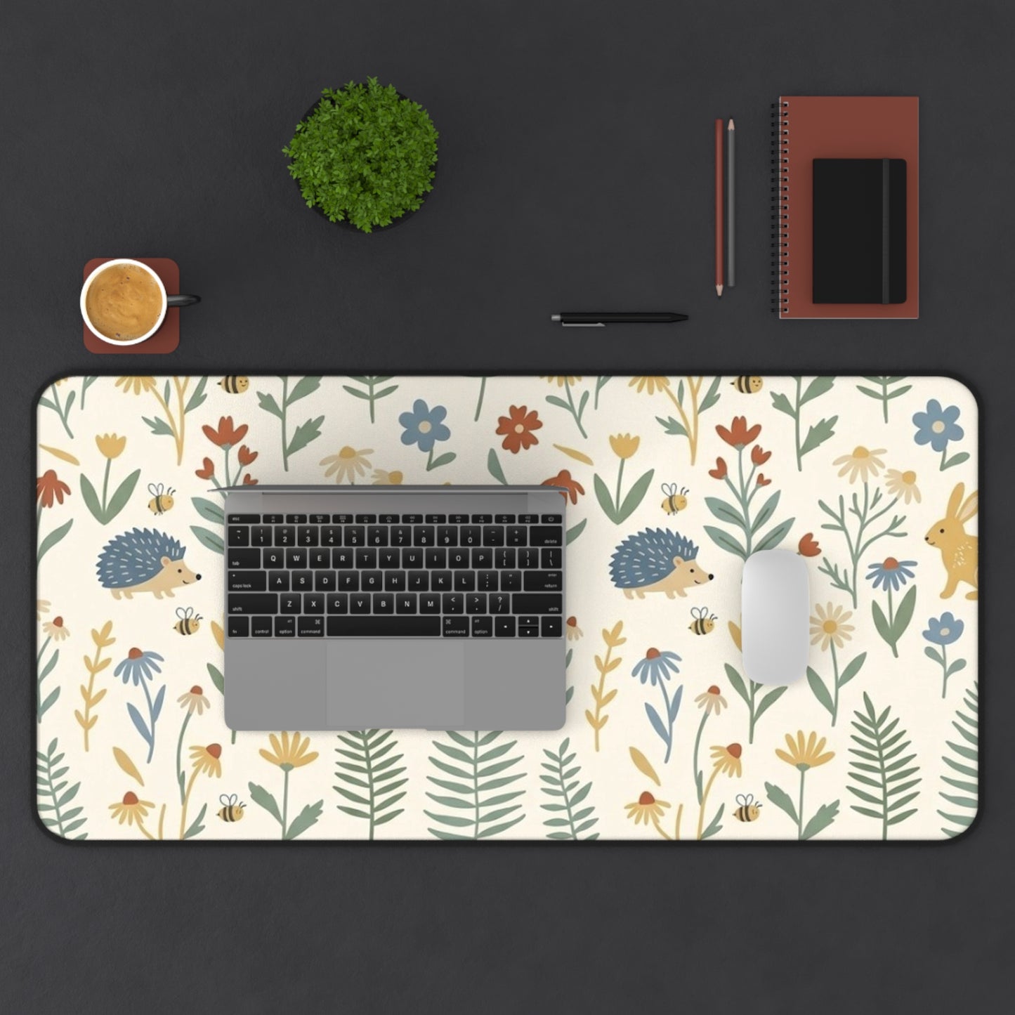 Woodland Rabbits and Hedgehogs Desk Mat | Floral Forest Mousepad