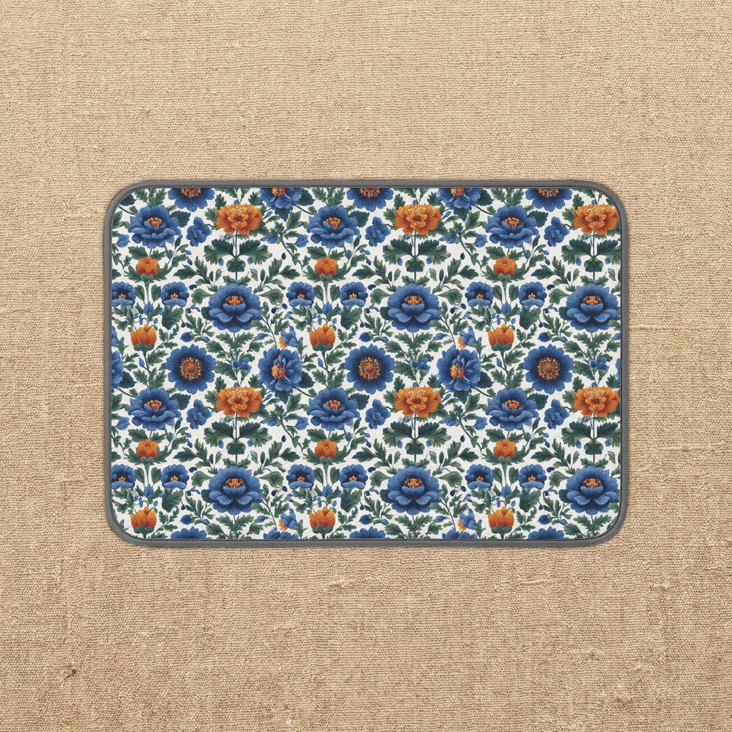 Blue Orange Floral Pattern Microfiber Kitchen Dish Mat | Vintage Tile-Inspired Design