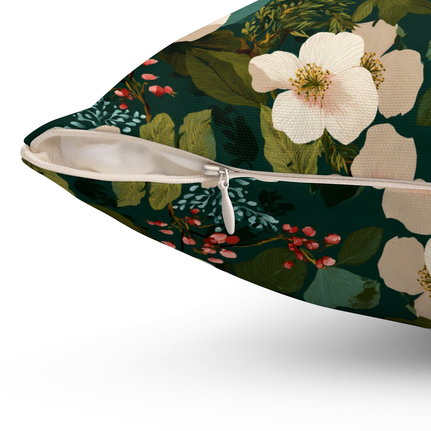 Cream Floral Pattern Pillow | Dark Green Botanical Throw Pillow