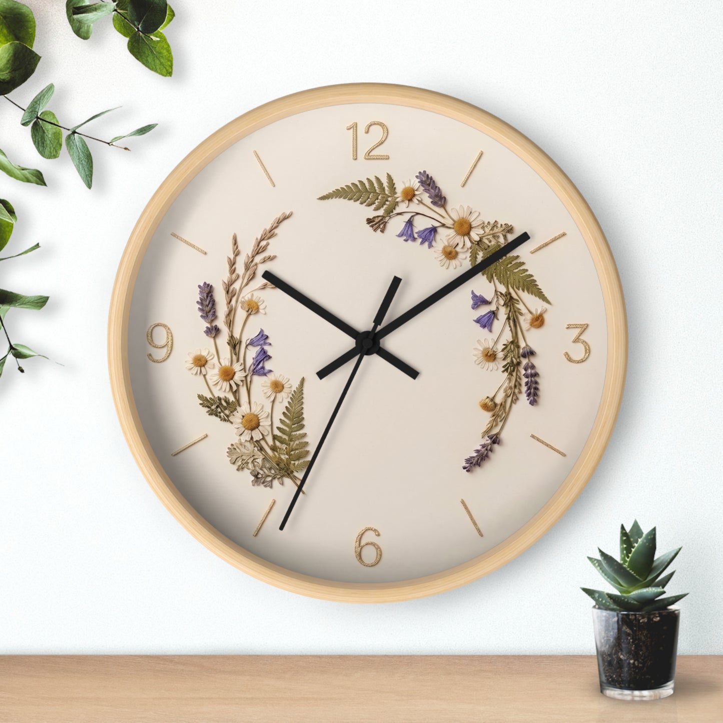 Wildflower Wreath Minimalist Wall Clock | Botanical Floral Timepiece