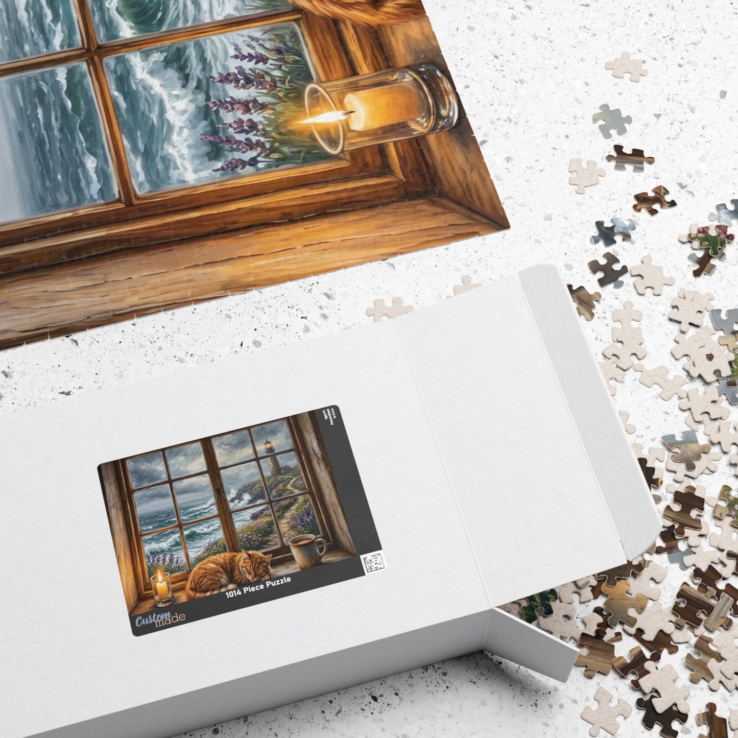 Cozy Cat Lighthouse Window Puzzle | Seaside Evening, Stormy Coastline, Scene