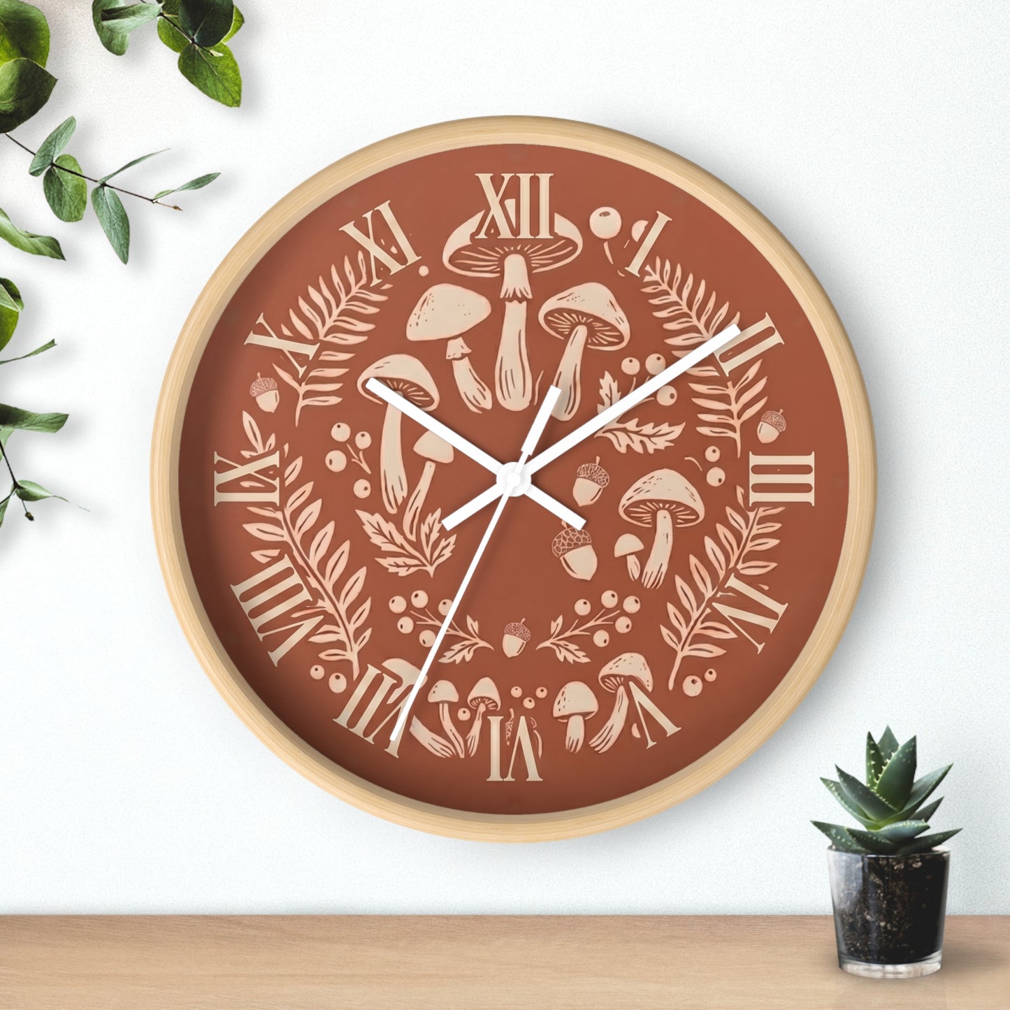 Mushroom Wreath Wall Clock | Botanical Fungi Illustration, Roman Numerals
