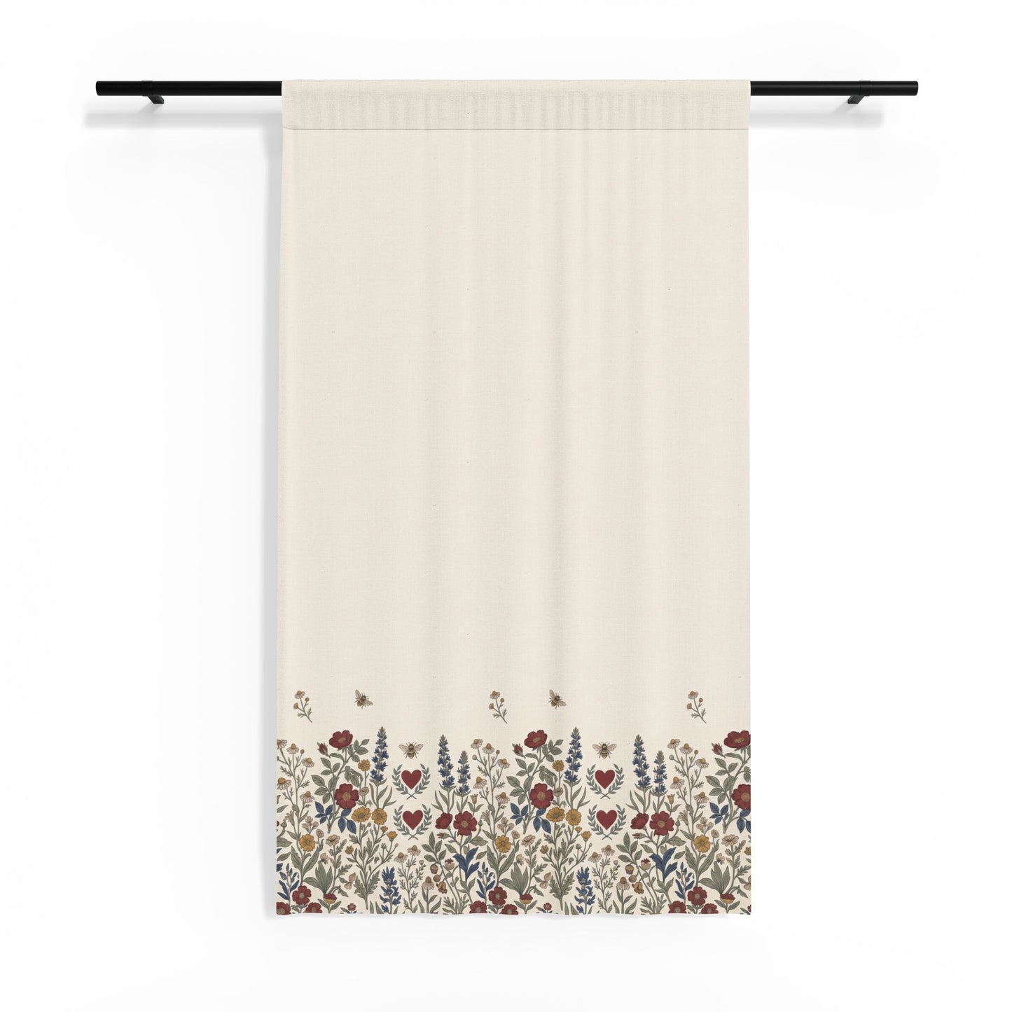 Floral Border Sheer Window Curtain | Boho Botanical Print, Cream Sheer Panel