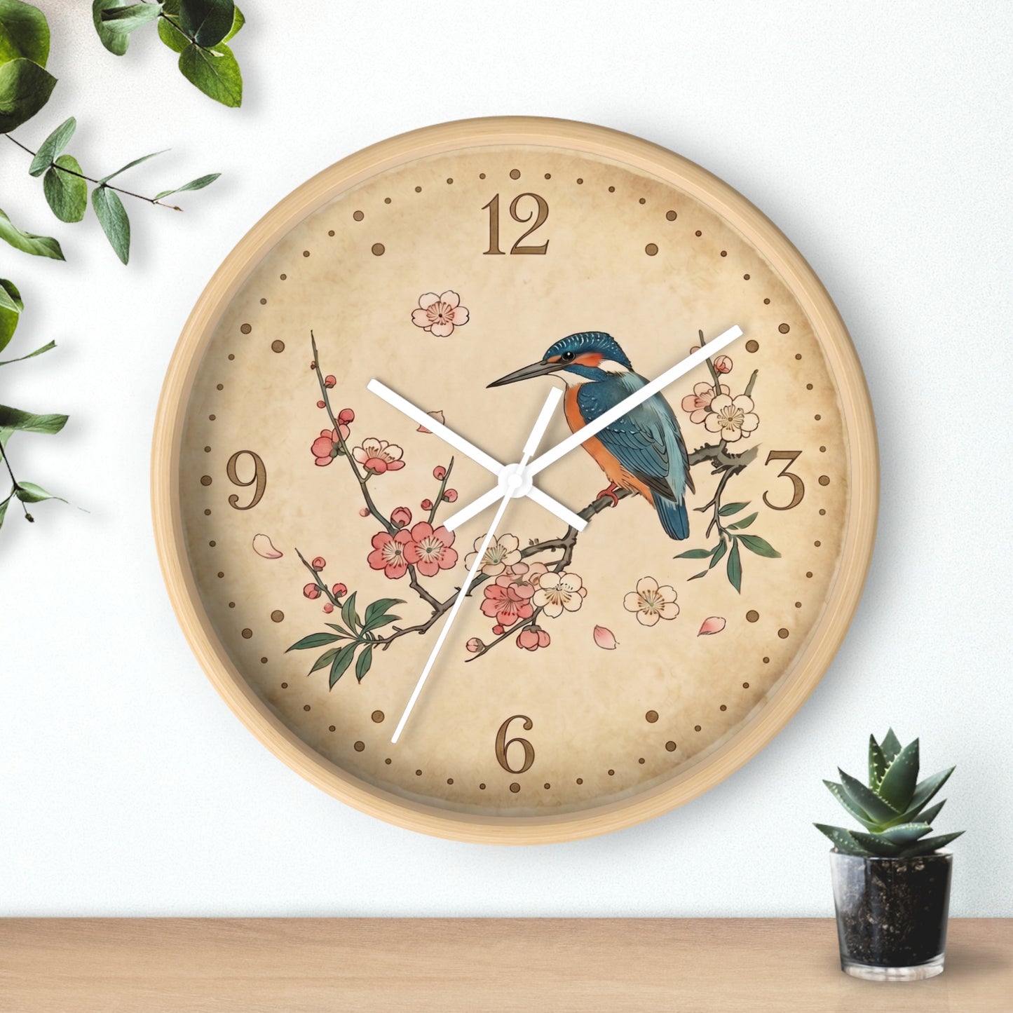 Kingfisher on Cherry Blossom Wall Clock | Kacho-ga Vintage Japanese Bird Floral Clock