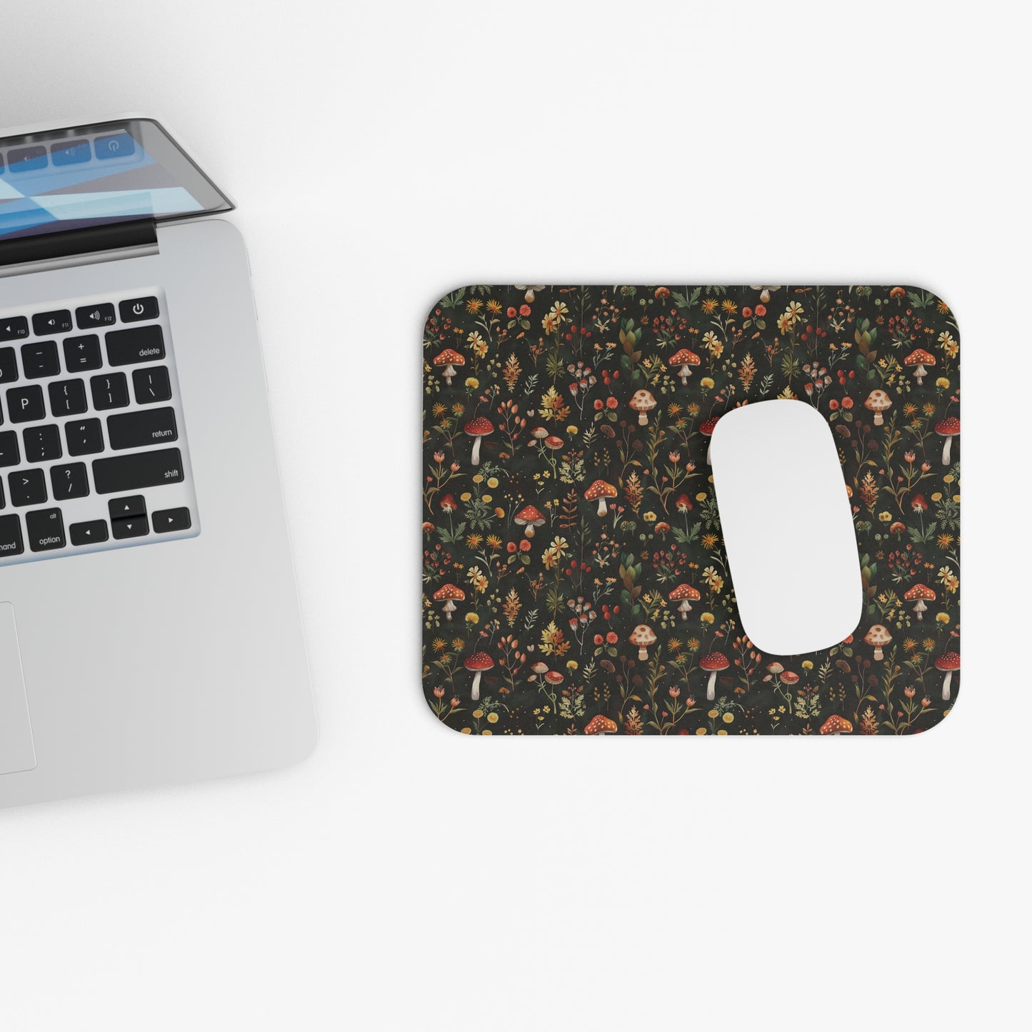 Woodland Mushrooms and Wildflowers Mouse Pad | Autumn Botanical Desk Mat