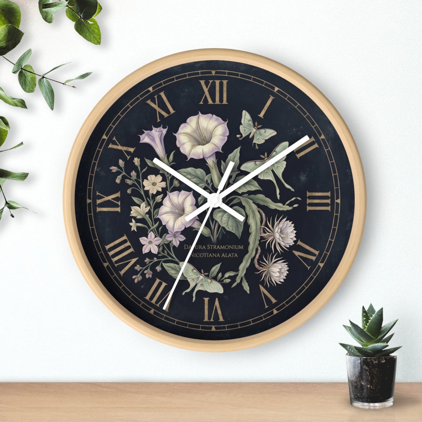 Datura Stramonium Illustration Wall Clock | Vintage Botanical Floral, Roman Numerals, Dark Background
