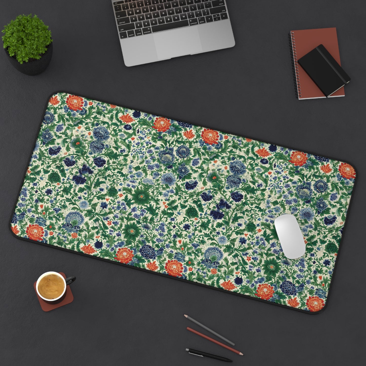 Vintage Floral Pattern Desk Mat | Green Blue Orange Botanical Mouse Pad