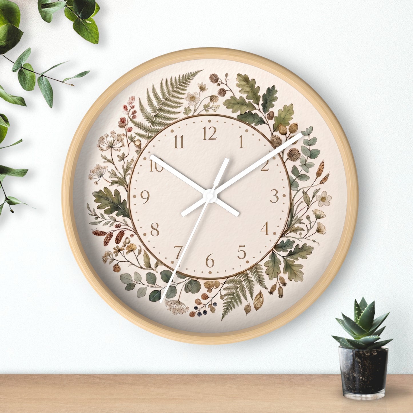 Botanical Wreath Wall Clock | Floral Foliage Illustration Clock, Neutral Nature Home Decor