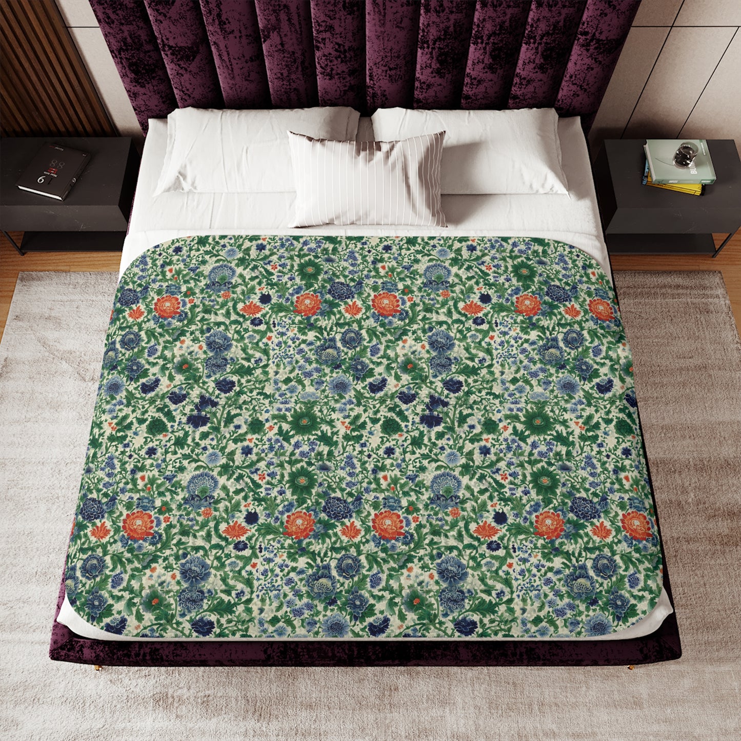 Floral Botanical Pattern Sherpa Blanket | Green Orange Vintage Garden