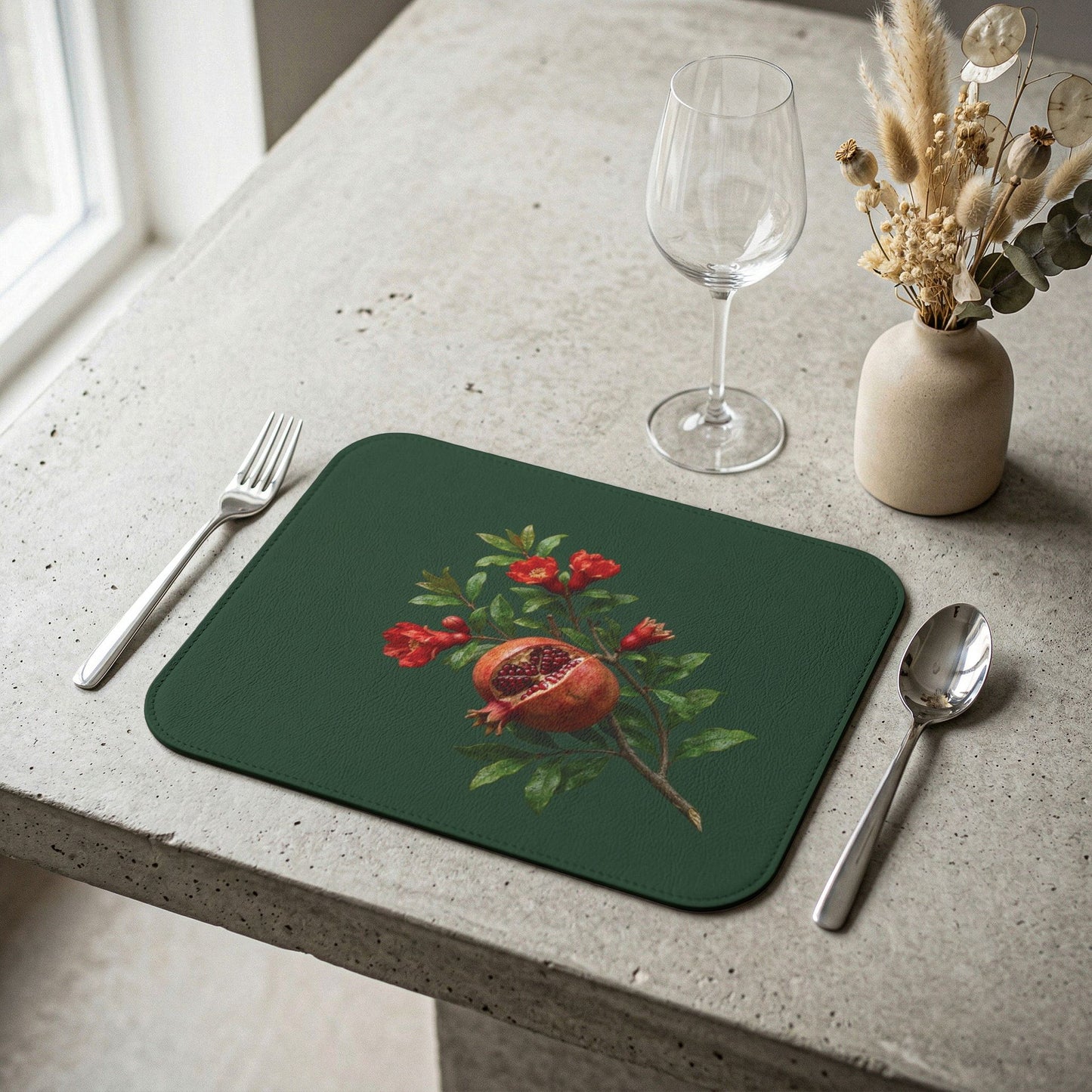 Pomegranate Branch Leather Placemat | Botanical Table Decor