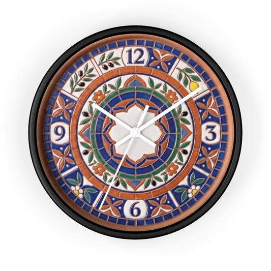 Mediterranean Mosaic Style Wall Clock - Terracotta Azure Blue Floral Faux Tile Botanical Decor