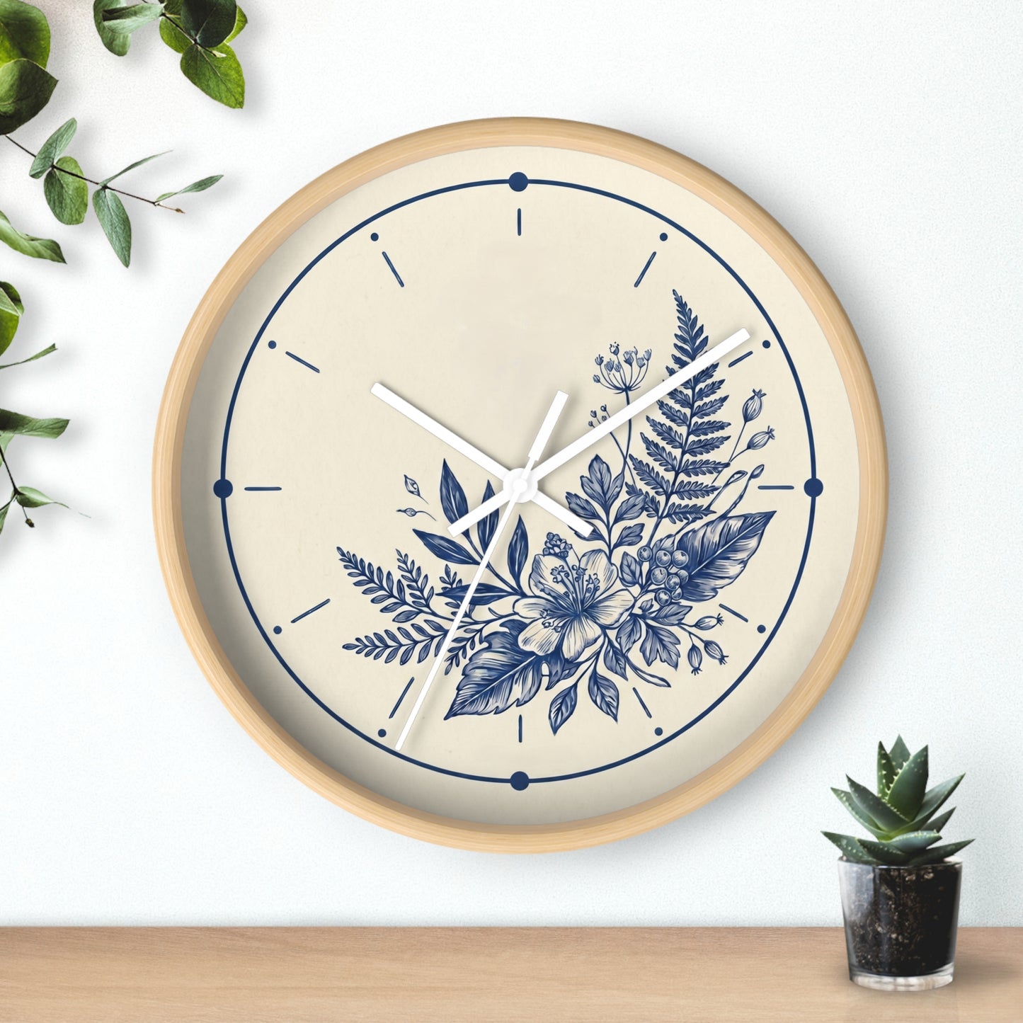 Blue Floral Illustration Wall Clock | Coastal Botanical Flower Clock