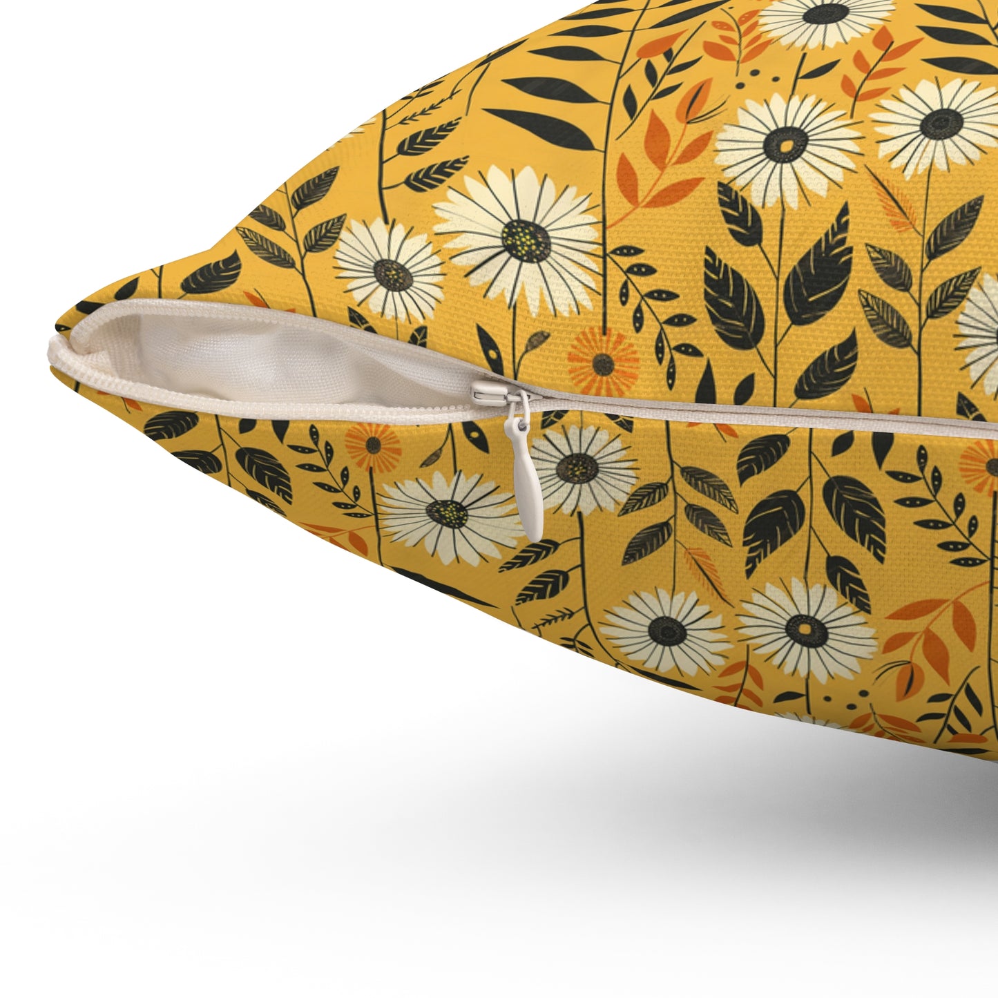 Yellow Floral Pattern Pillow | Daisies and Leaves Square Pillow