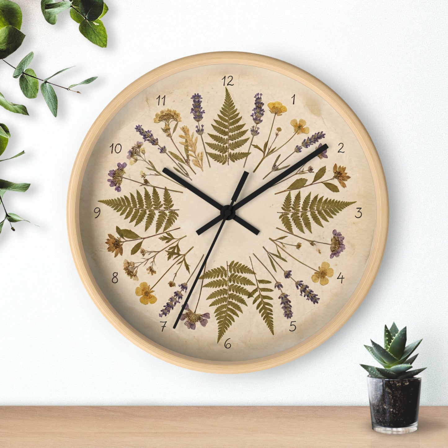 Pressed Fern and Wildflower Wall Clock | Botanical Floral Home Decor