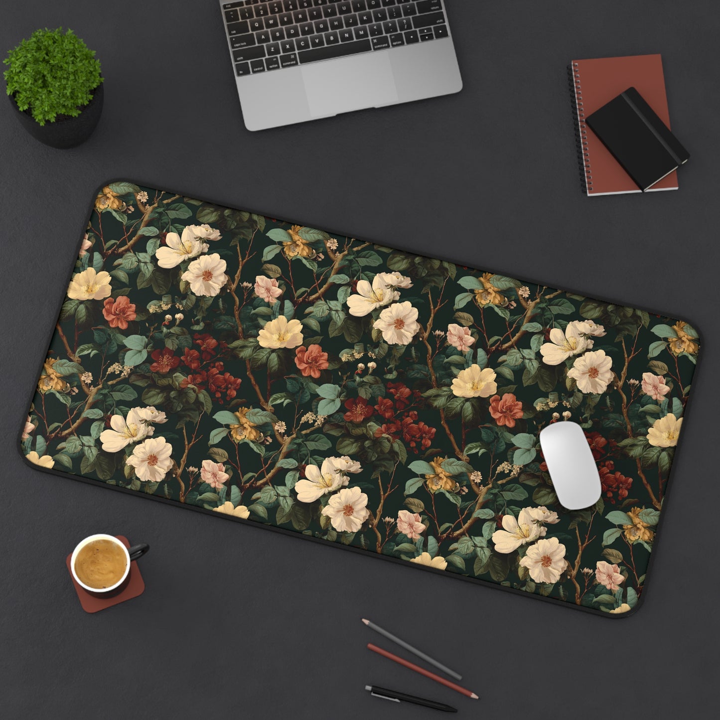 Vintage Botanical Floral Desk Mat | Dark Green Rose Pattern