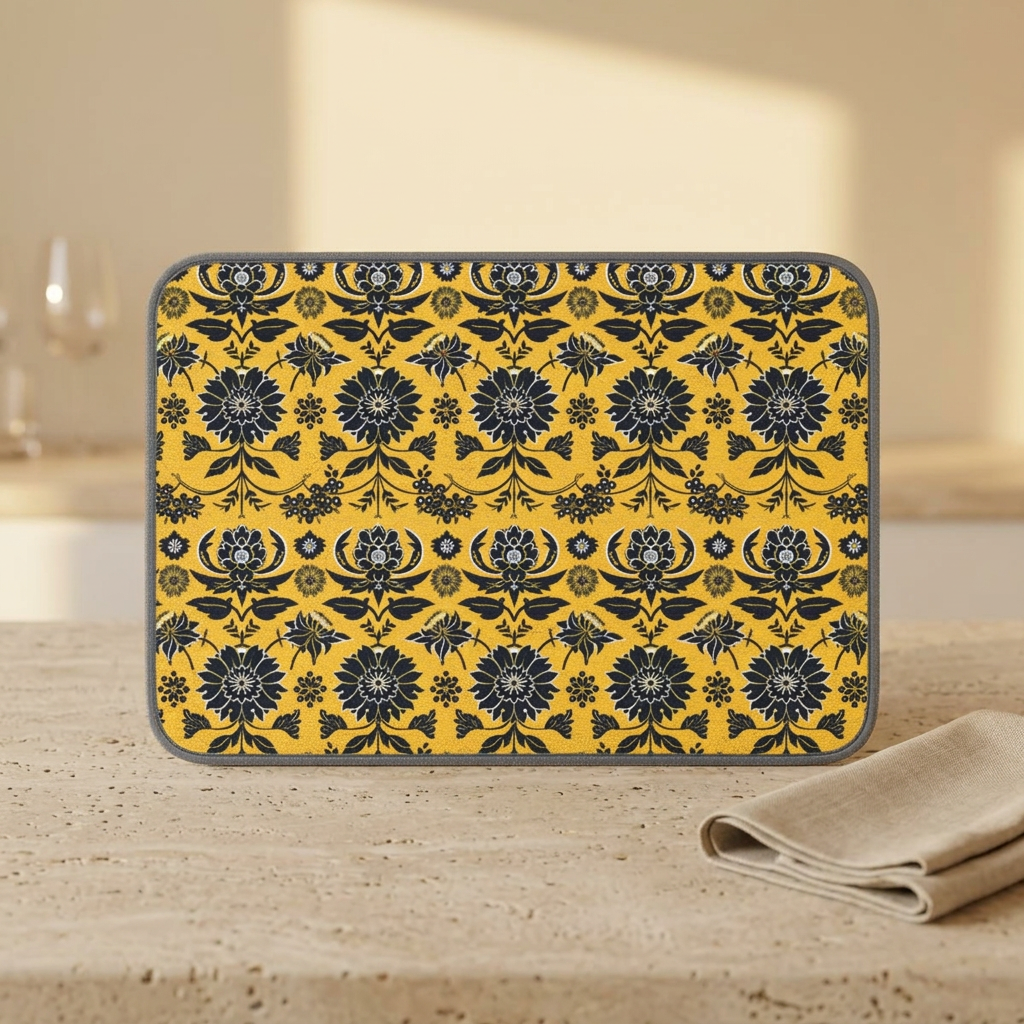 Yellow Floral Damask Microfiber Kitchen Dish Mat | Sunflower Pattern
