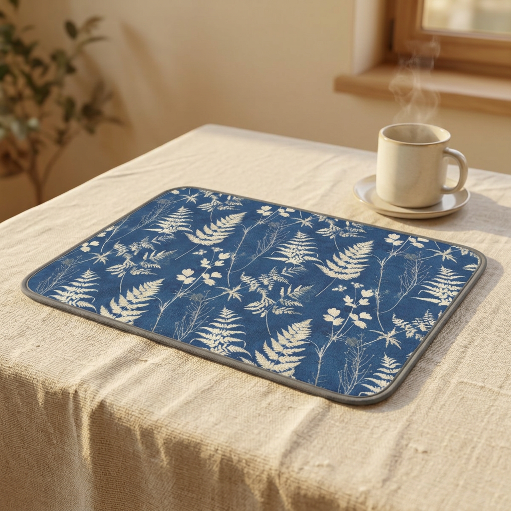 White Ferns on Navy Botanical Microfiber Kitchen Dish Mat | Floral Dish Mat