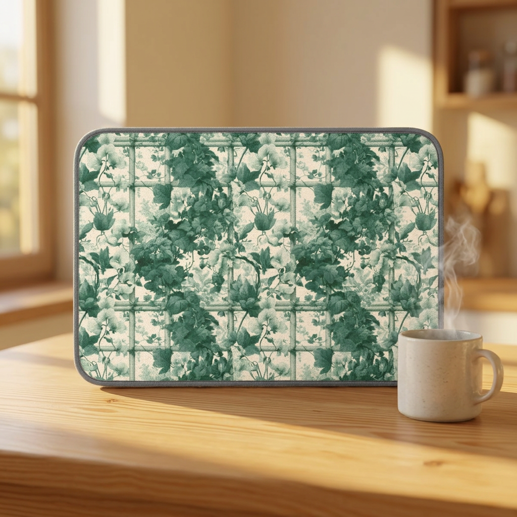 Green Botanical Tile Pattern Microfiber Dish Mat | Kitchen Sink Mat