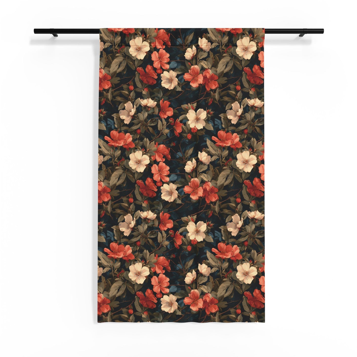 Vintage Floral Pattern Sheer Curtain | Red Cream Flowers on Dark Background