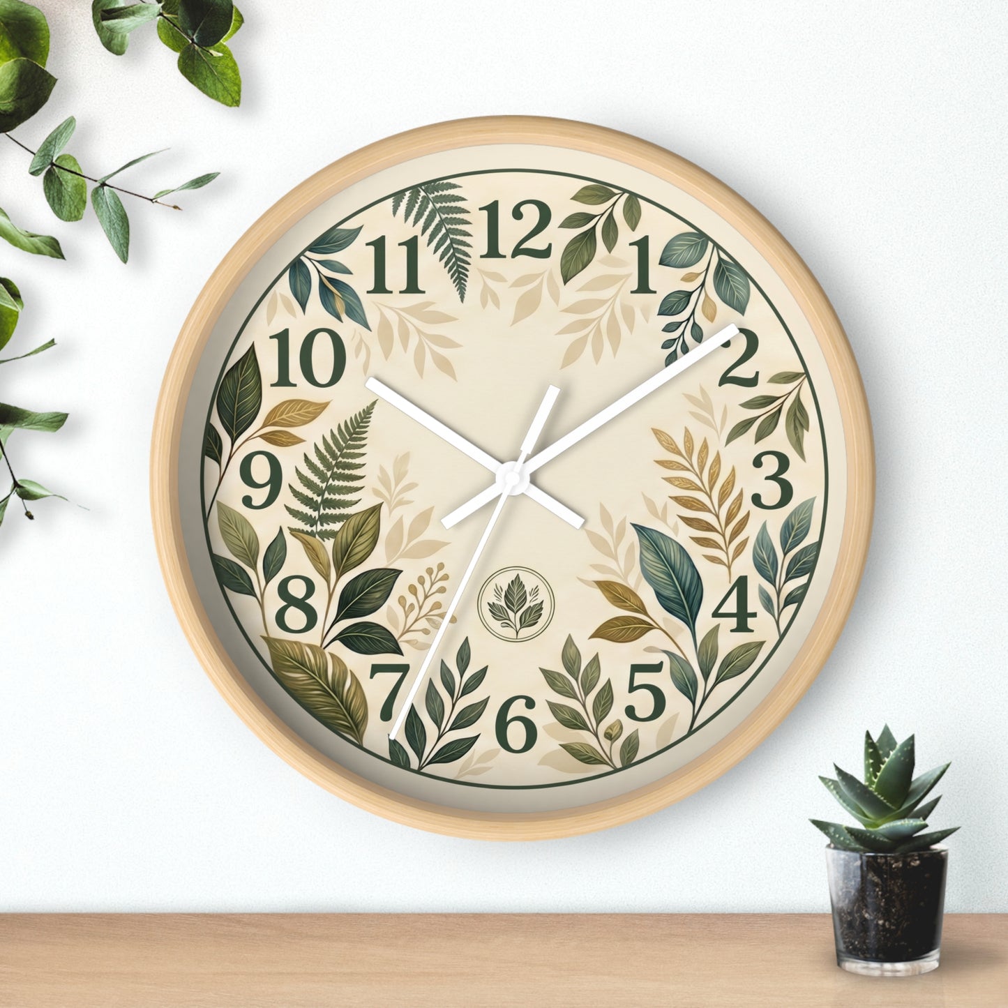 Botanical Leaves Wall Clock | Green Foliage Numbers, Neutral Rustic Decor