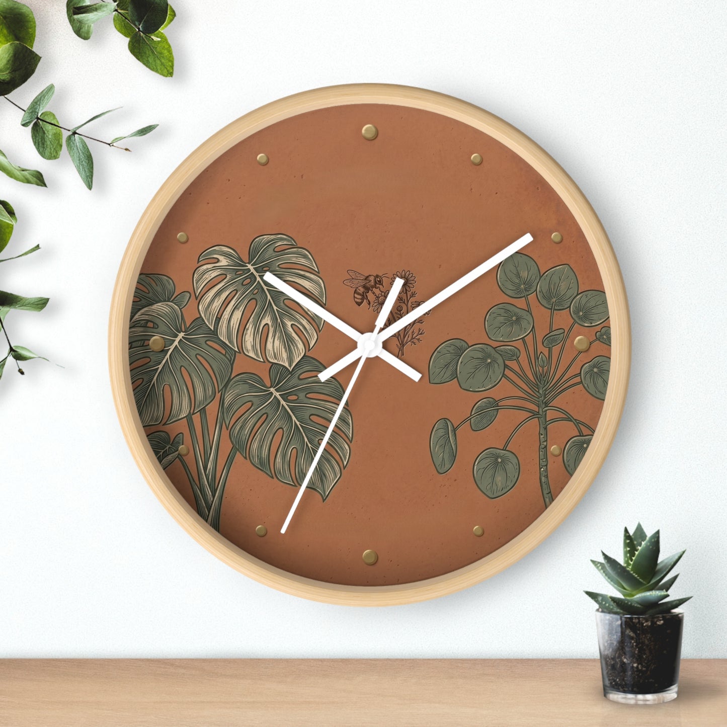 Monstera & Pilea Illustration Wall Clock | Terracotta Botanical Clock