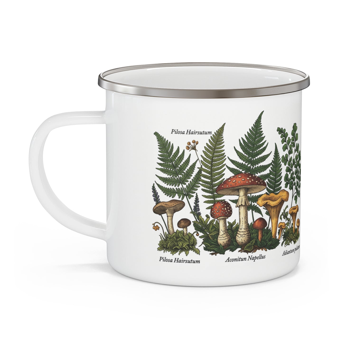 Vintage Botanical Mushroom Illustration Enamel Camping Mug | Ferns & Fungi