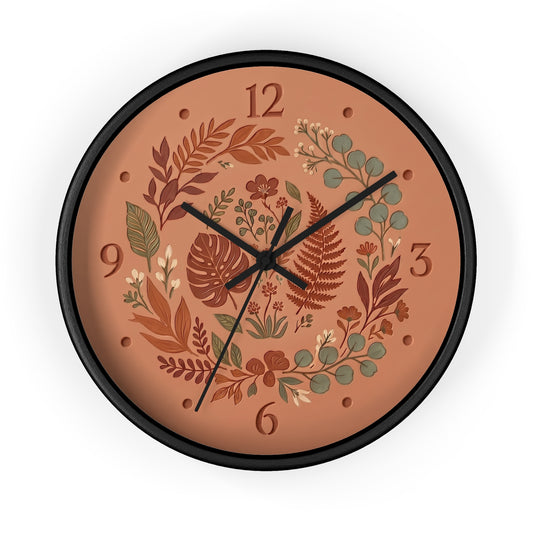 Terracotta Wall Clock | Botanical Print Cottagecore Clock | Nature Lover Gift | Earthy Room Decor