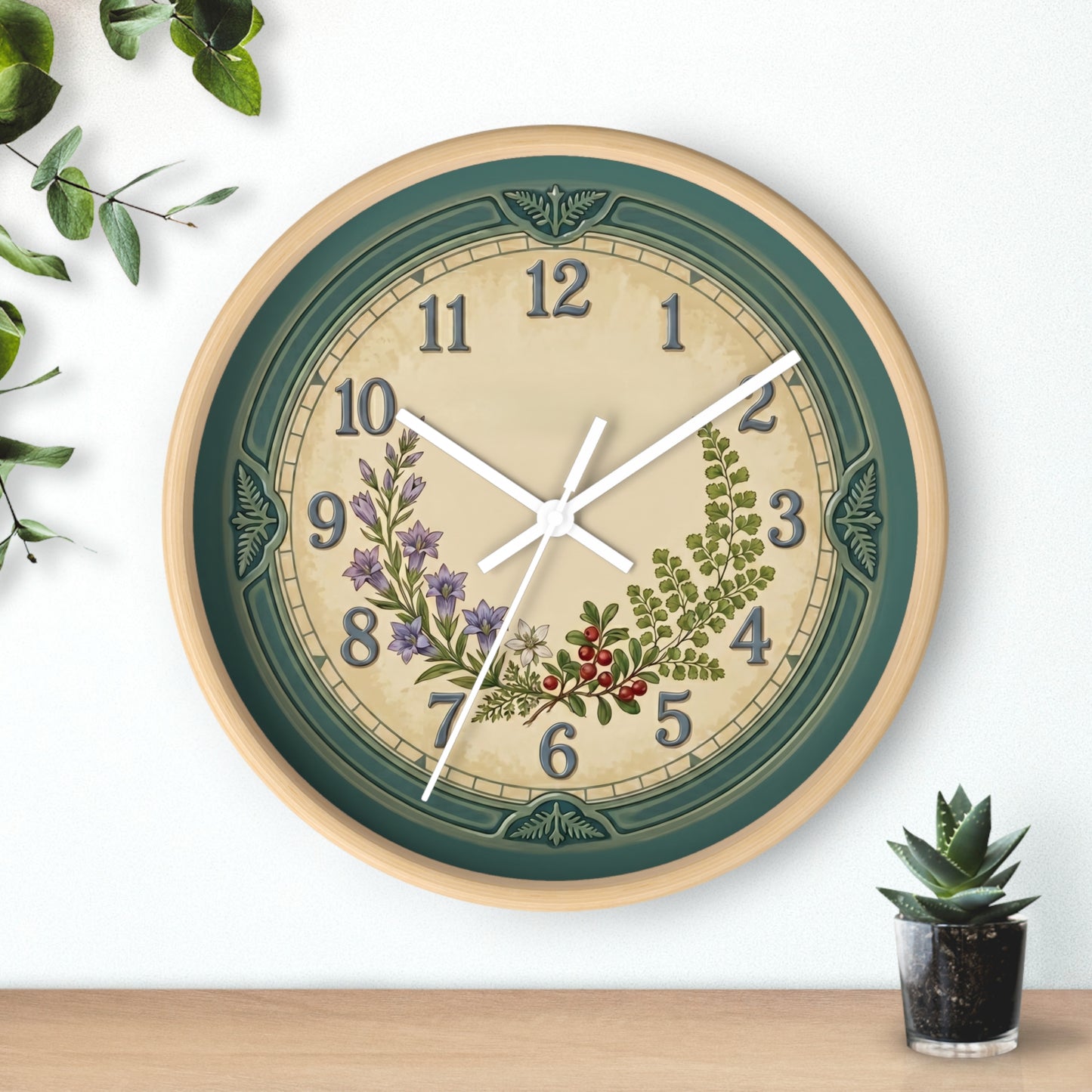 Coastal Turquoise Botanical Wall Clock | Lavender, Fern & Berries Clock