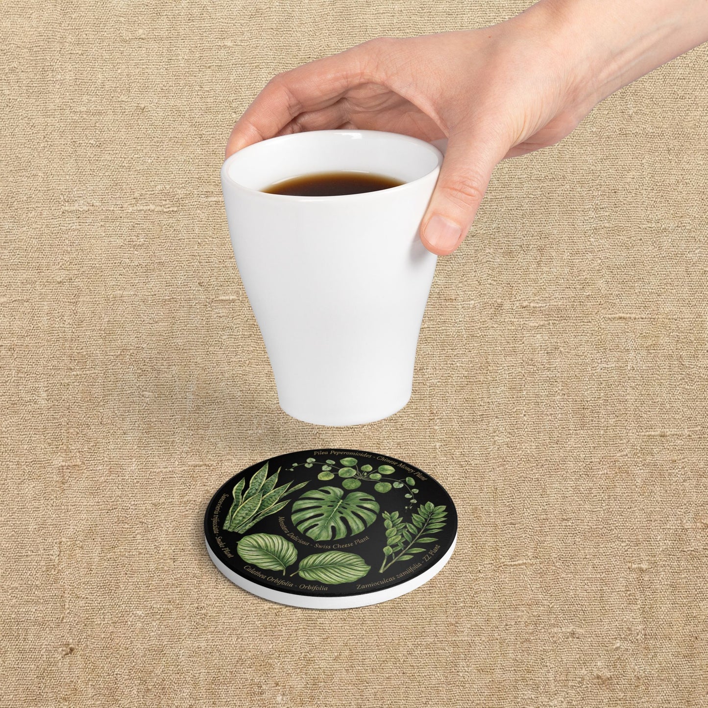Tropical Houseplants Ceramic Coaster | Monstera, Snake Plant, Pilea, ZZ Plant