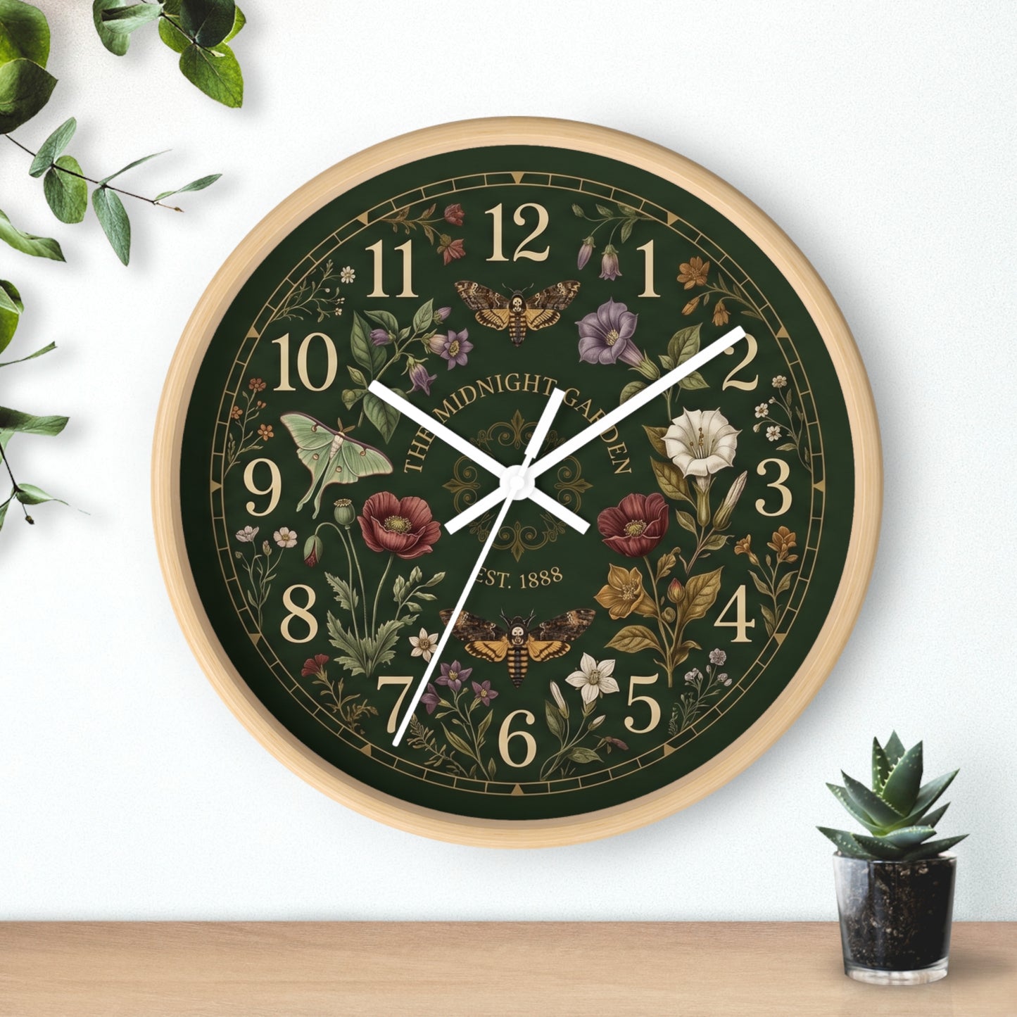 Vintage Floral Garden Clock | Botanical Wall Clock, Dark Green Floral Design