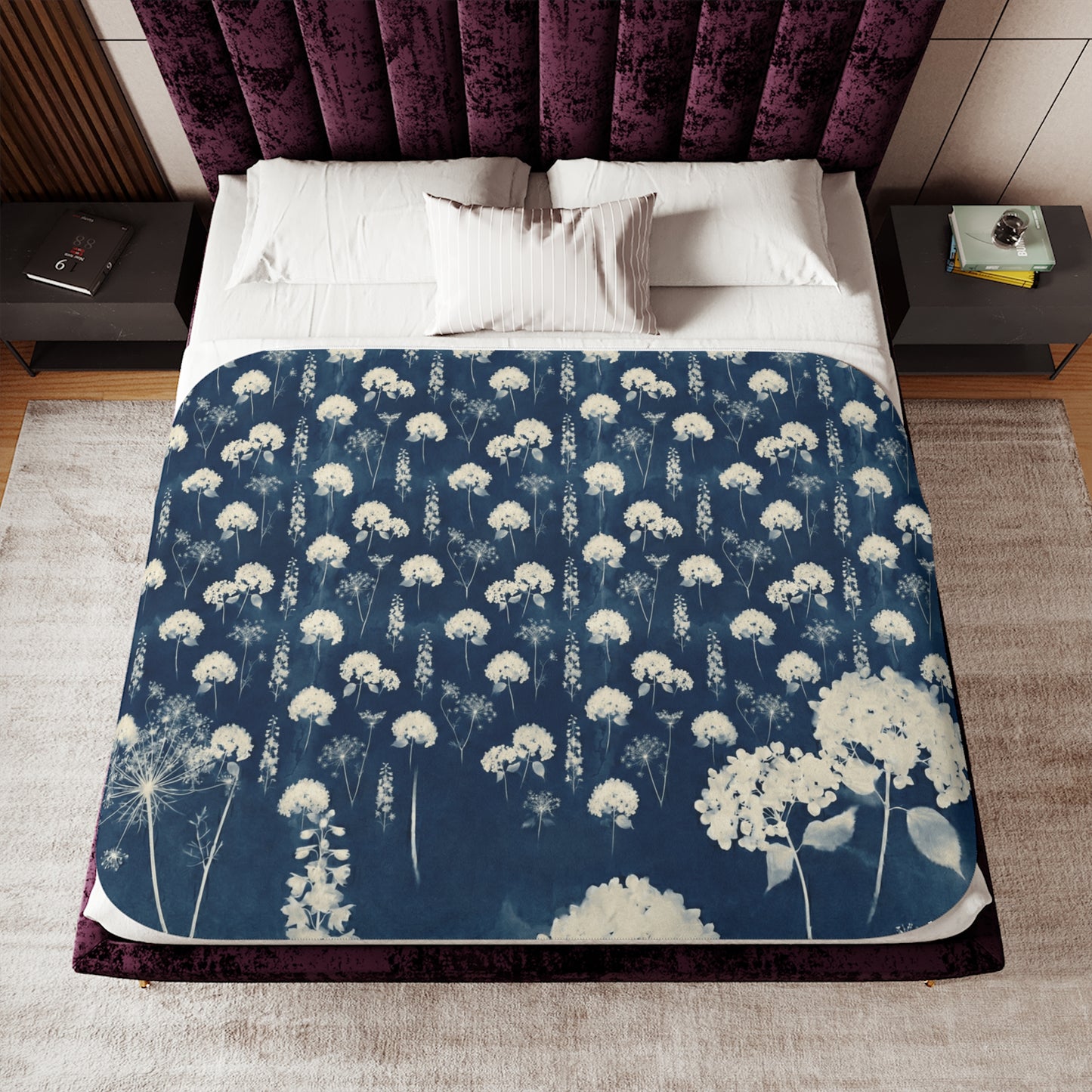 White Queen Anne's Lace Pattern Sherpa Blanket | Indigo Floral Print