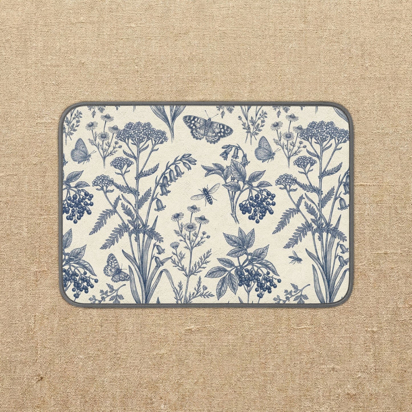 Blue Botanical Floral Pattern Microfiber Kitchen Dish Mat | Vintage Wildflowers