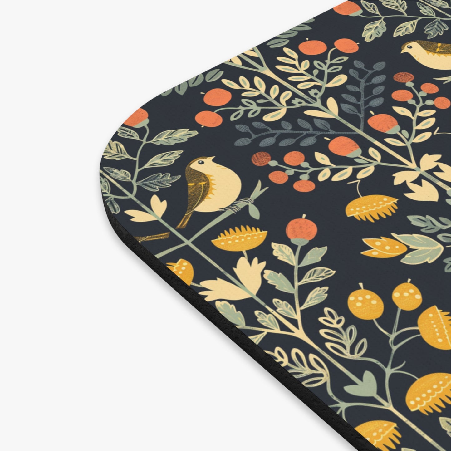 Folk Bird Floral Pattern Mouse Pad | Dark Botanical Woodland