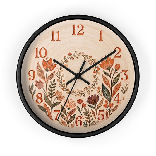 Terracotta Wall Clock | Vintage Botanical Flower Print Clock | Cottagecore Home Decor | Wildflower Gift for Her