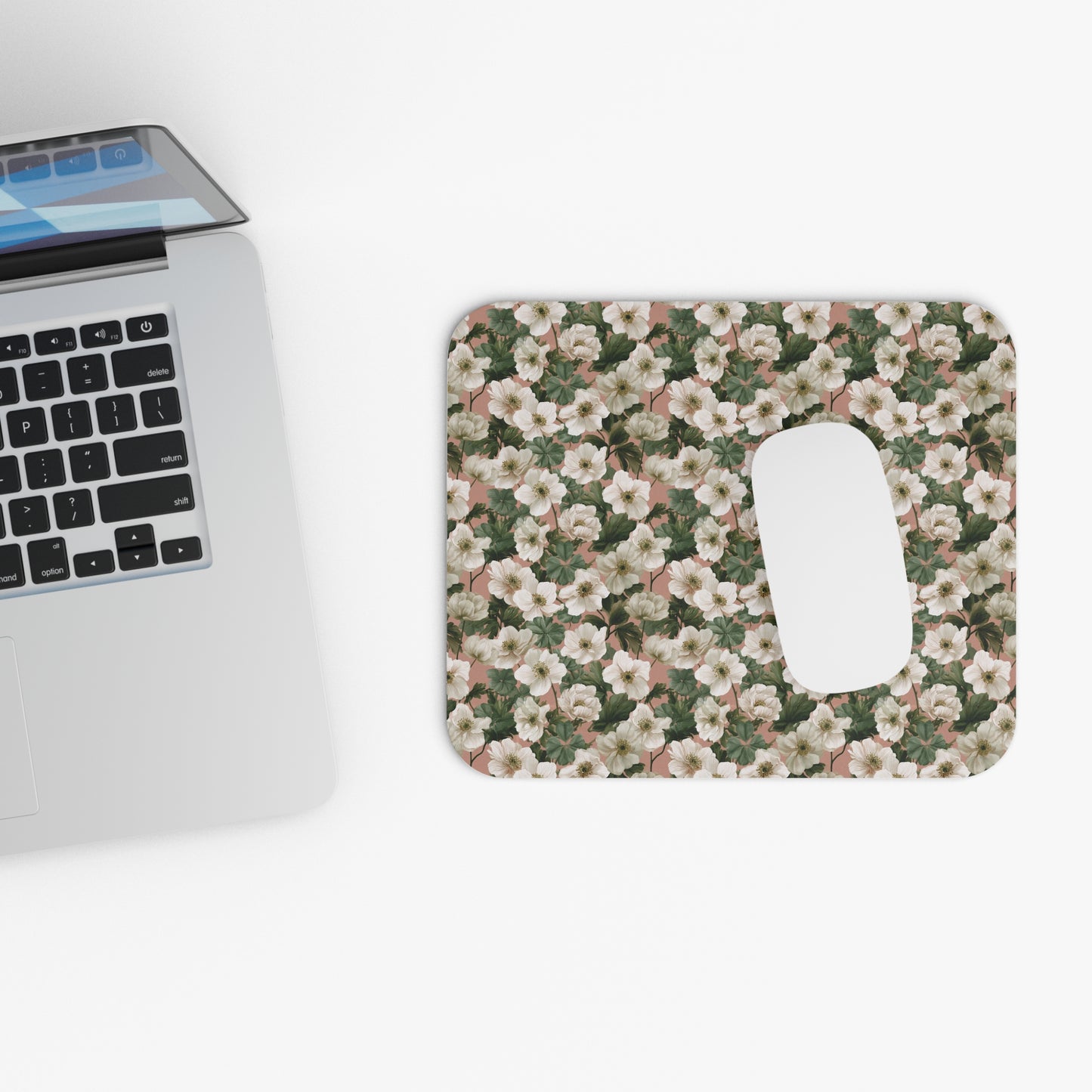 White Anemone Floral Mouse Pad | Pink Background, Botanical Desk Mat