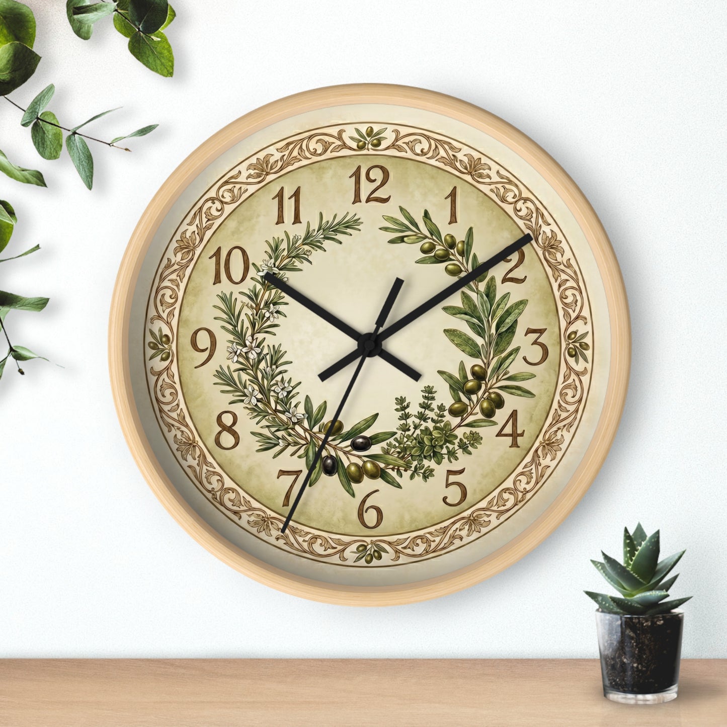 Herb Wreath Wall Clock | Olive & Rosemary Kitchen Clock, Rustic Botanical Decor