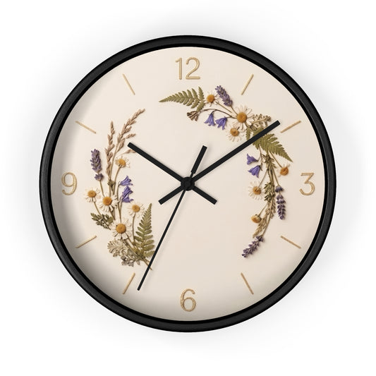 Wildflower Wreath Minimalist Wall Clock | Botanical Floral Timepiece