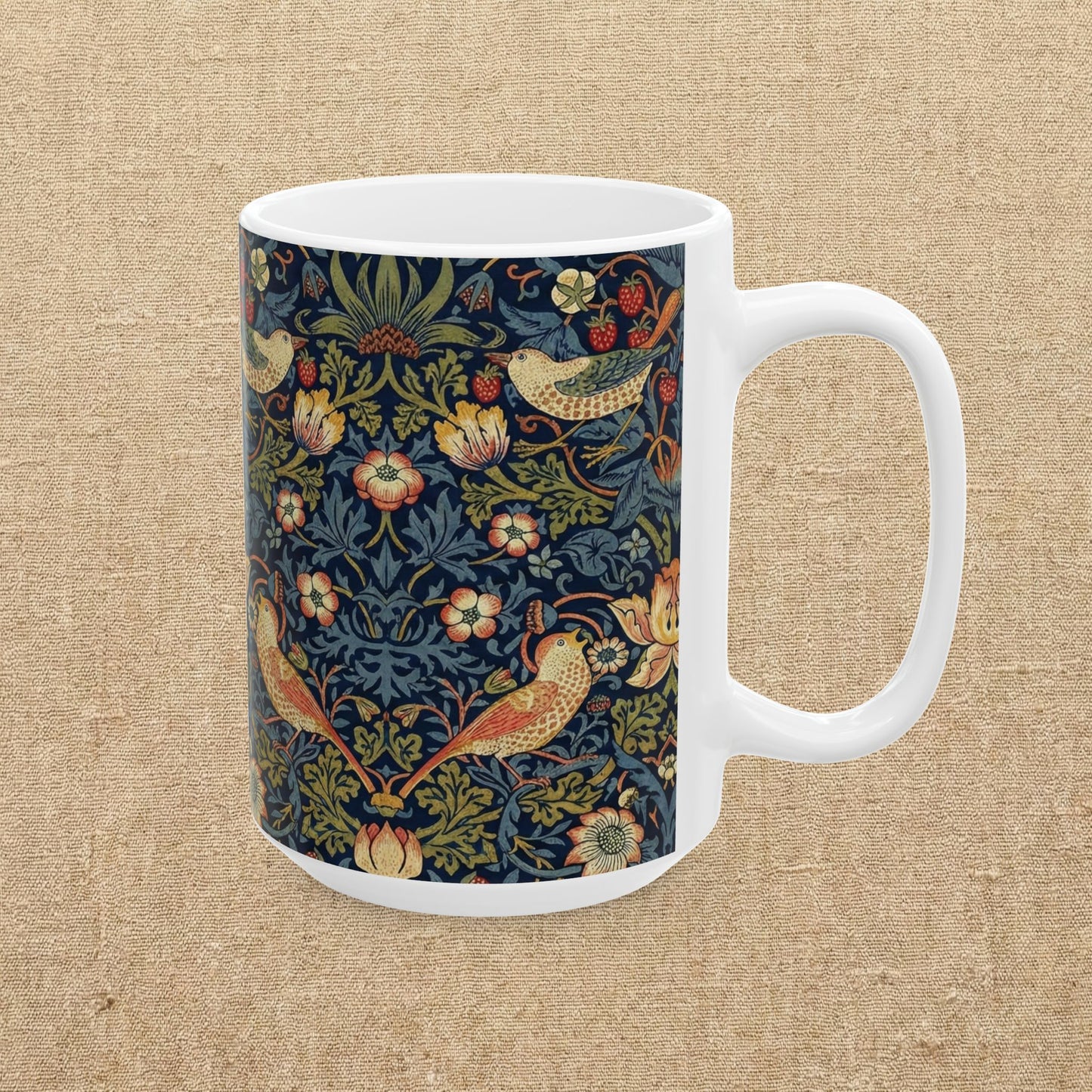 William Morris Style Strawberry Thief Pattern Mug | Bird Floral Ceramic Mug