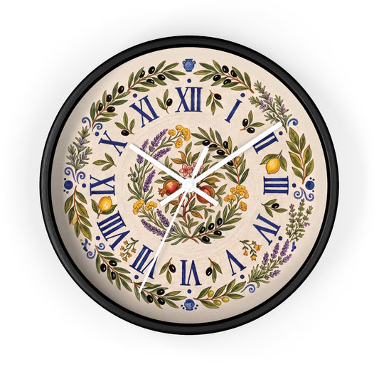 Mediterranean Wall Clock | Vintage Botanical Style Clock | Olive Branch Kitchen Decor | Coastal Cottagecore Gift | Silent Wooden Clock