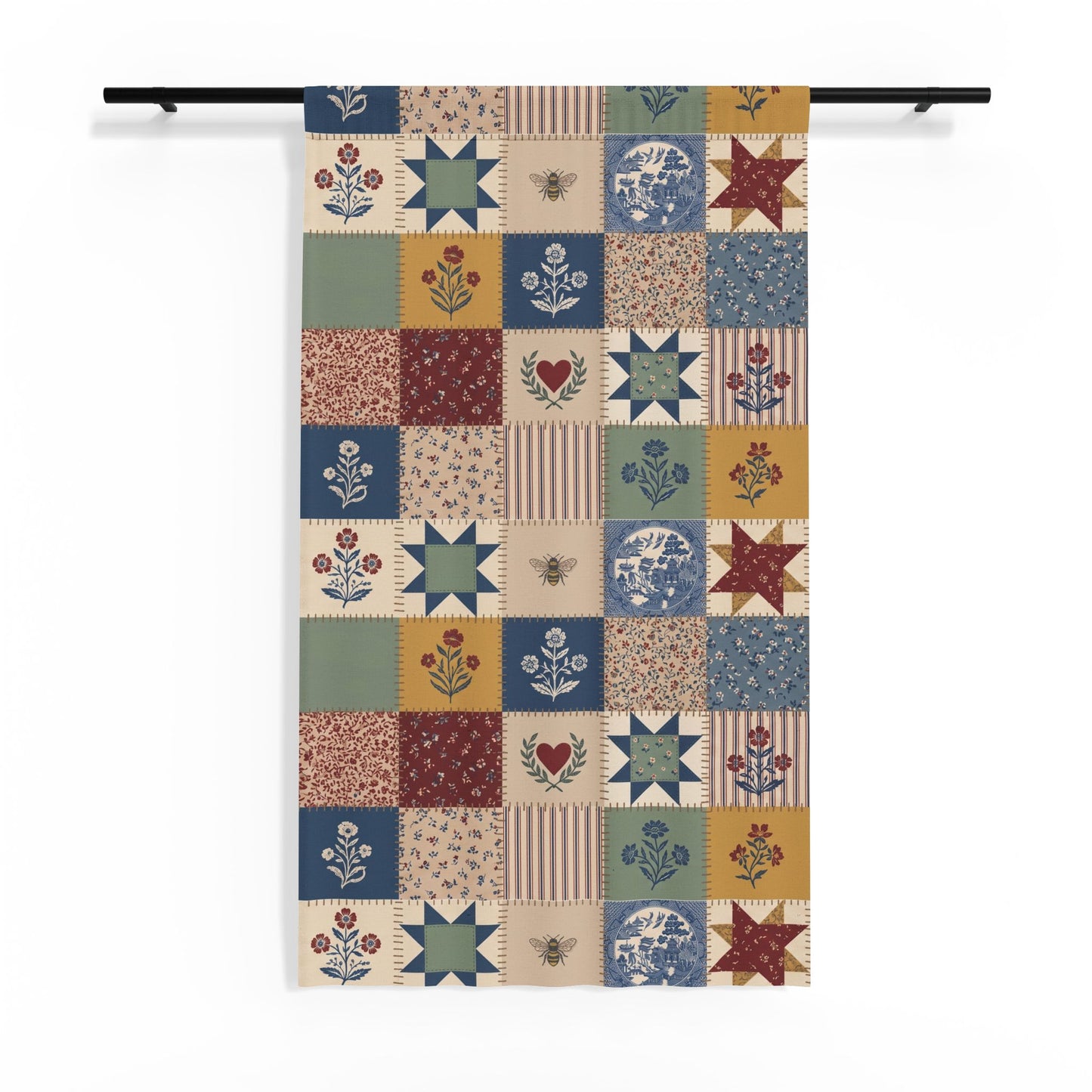 Patchwork Folk Floral Sheer Window Curtain | Vintage Star Quilt Pattern