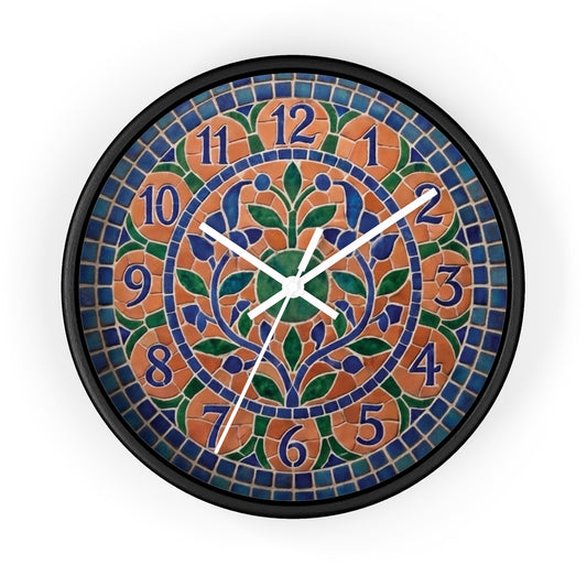 Mosaic Style Wall Clock - Terracotta Azure Blue Floral Print, Mediterranean Botany Decor