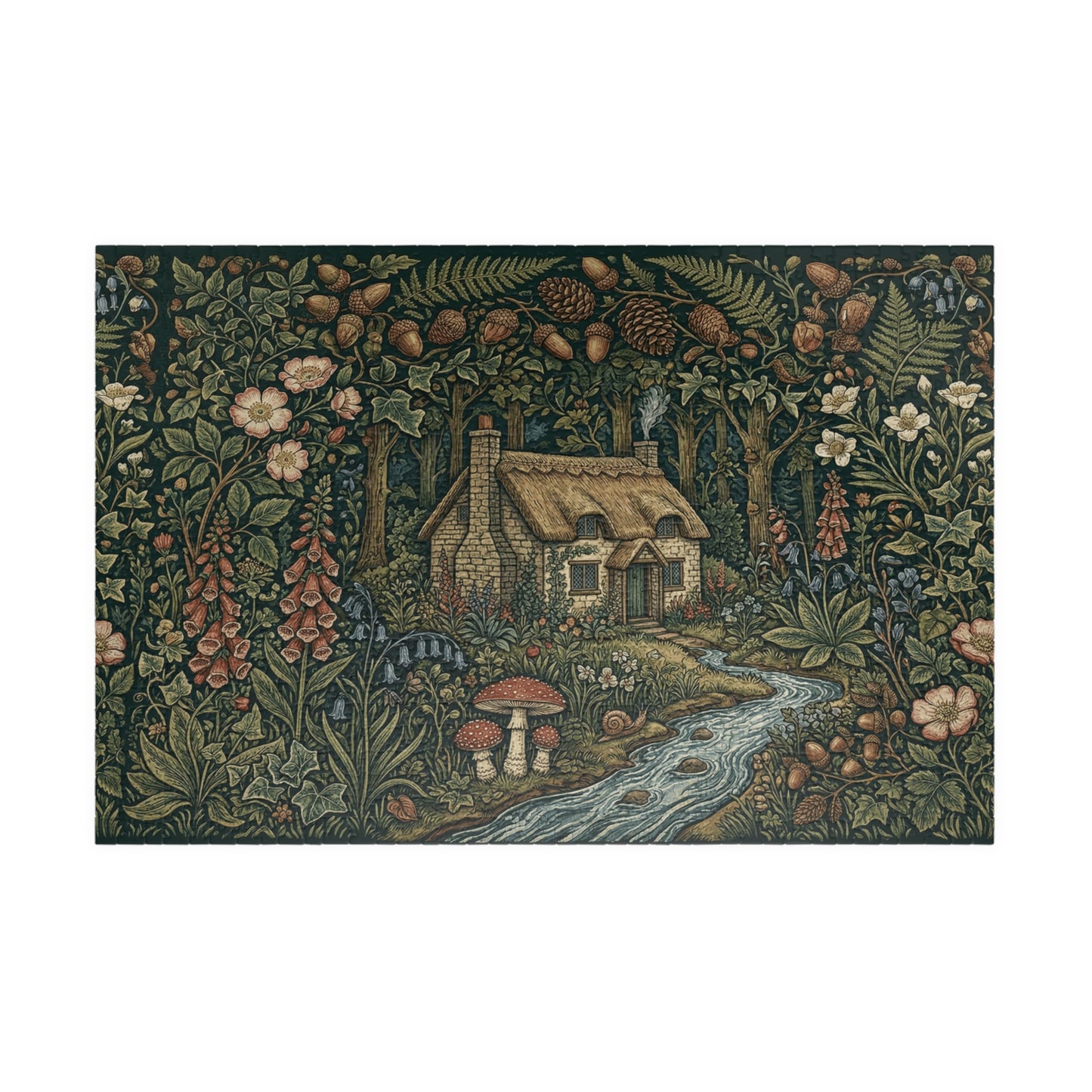 Cottage in Enchanted Forest Puzzle | 110, 252, 520, or 1014 Piece Woodland River Illustration