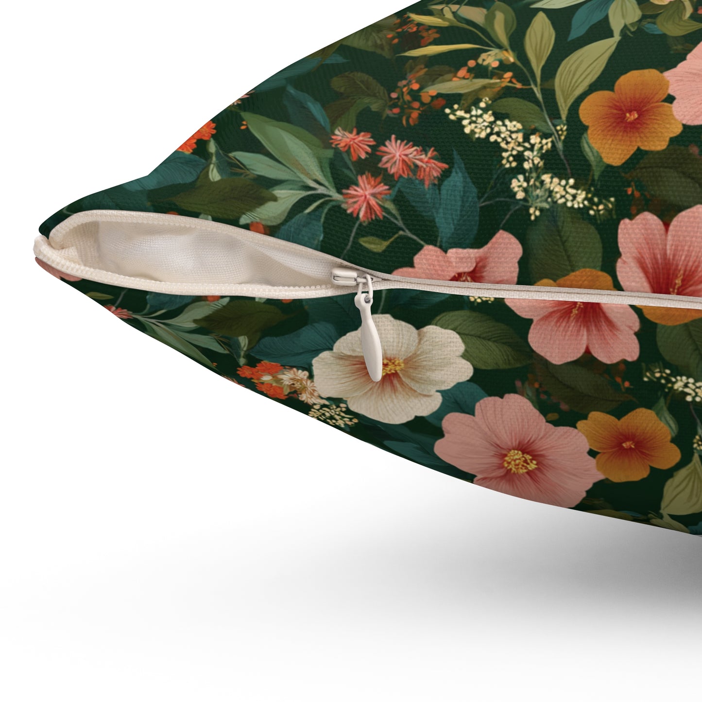 Vintage Floral Pattern Square Pillow | Dark Green Pink Orange Blossoms