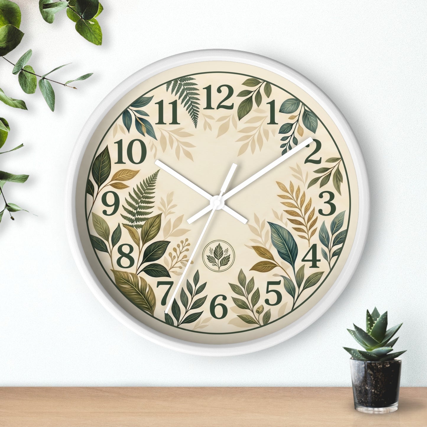Botanical Leaves Wall Clock | Green Foliage Numbers, Neutral Rustic Decor