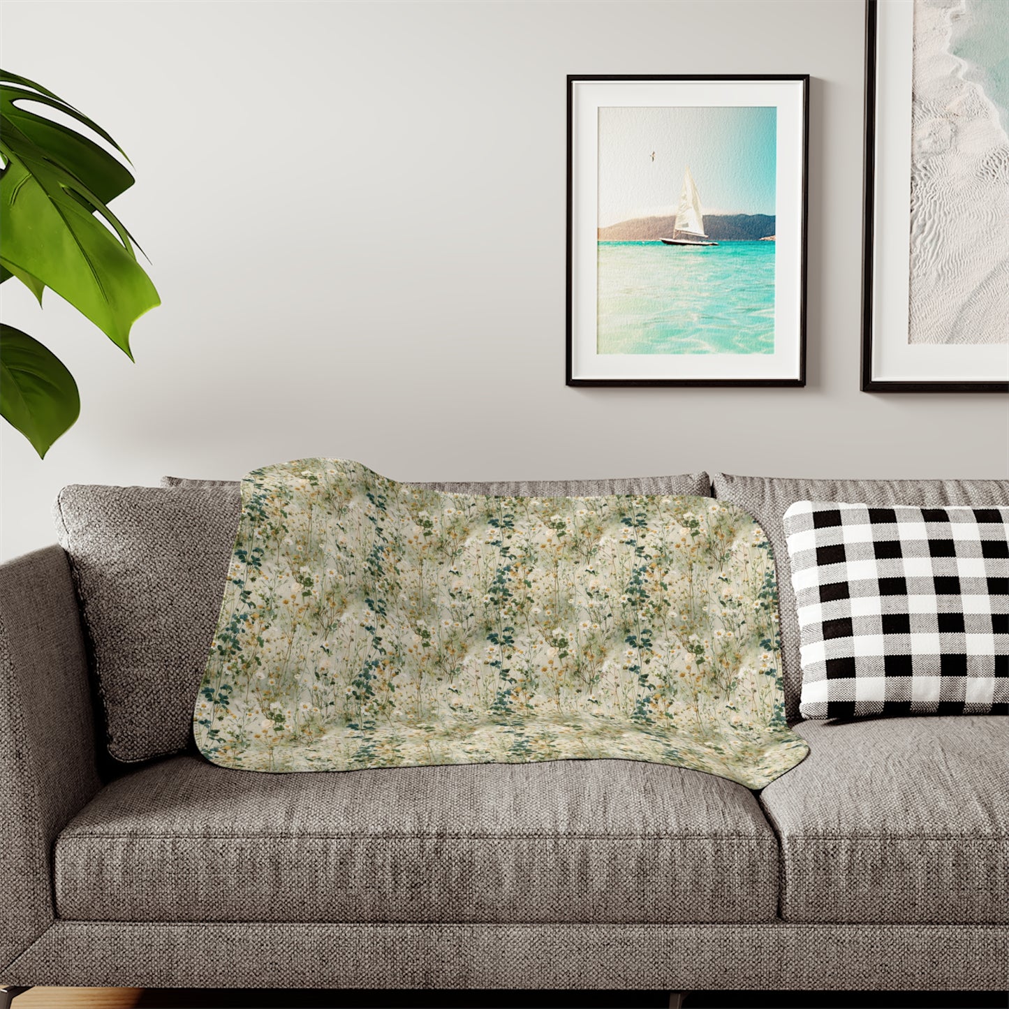 Vintage Wildflower Floral Pattern Sherpa Blanket | Neutral Botanical Throw