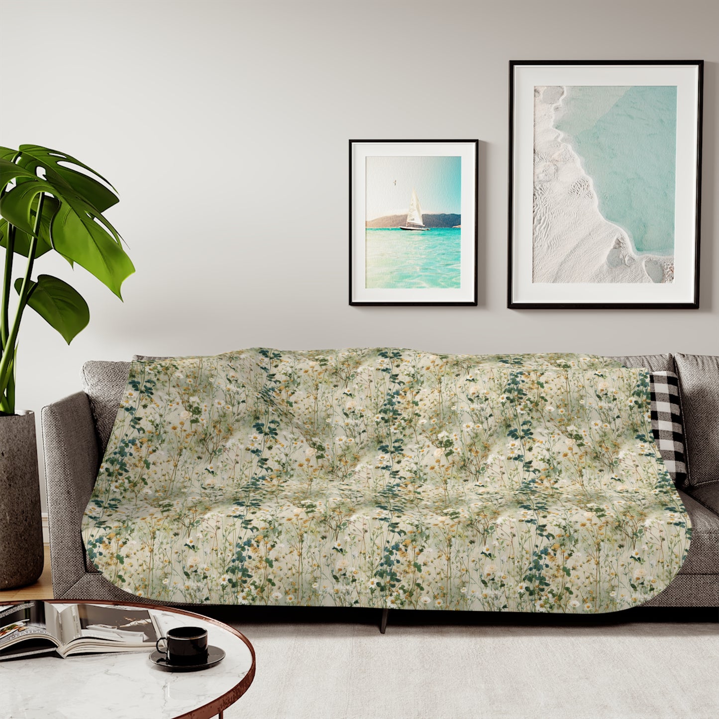 Vintage Wildflower Floral Pattern Sherpa Blanket | Neutral Botanical Throw