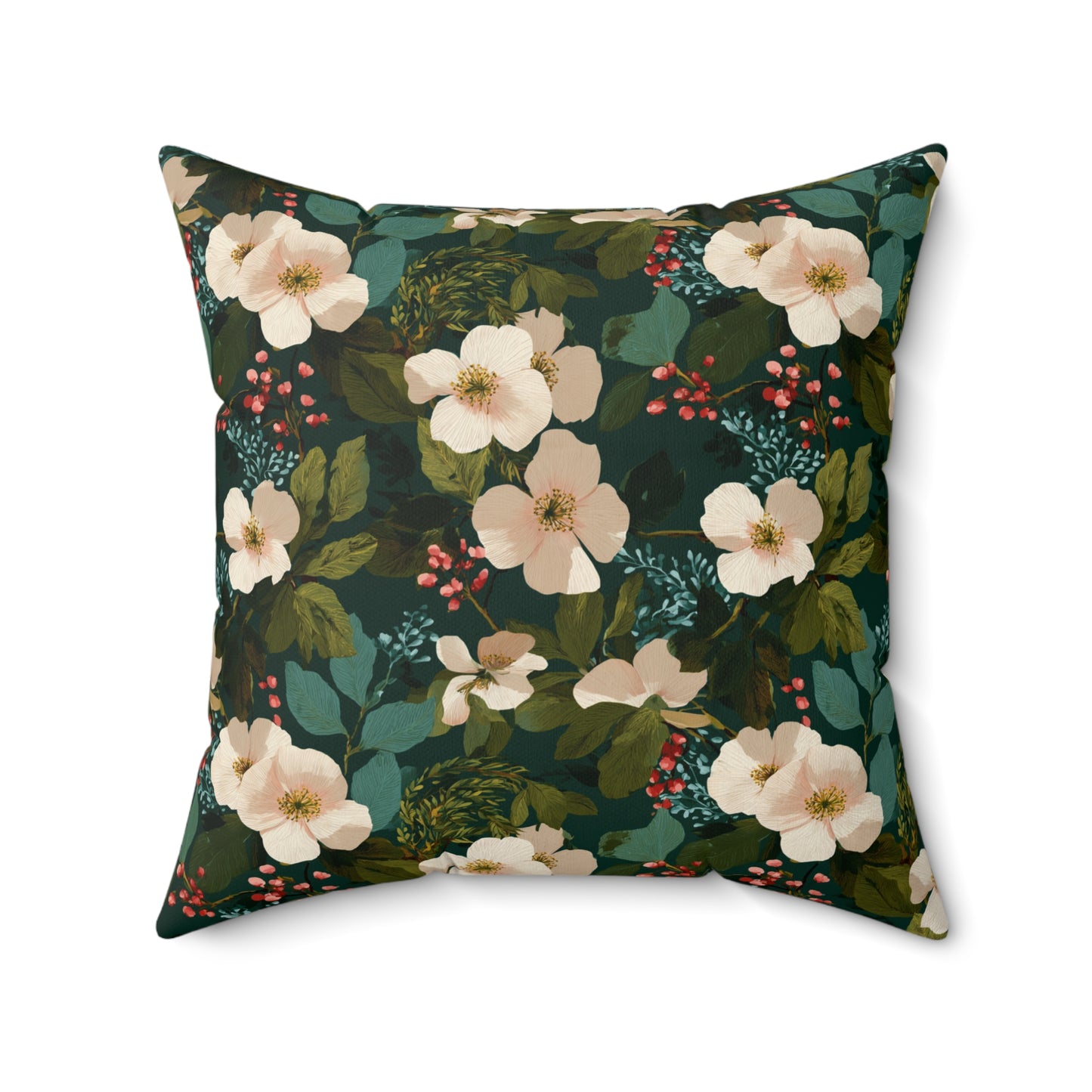 Cream Floral Pattern Pillow | Dark Green Botanical Throw Pillow