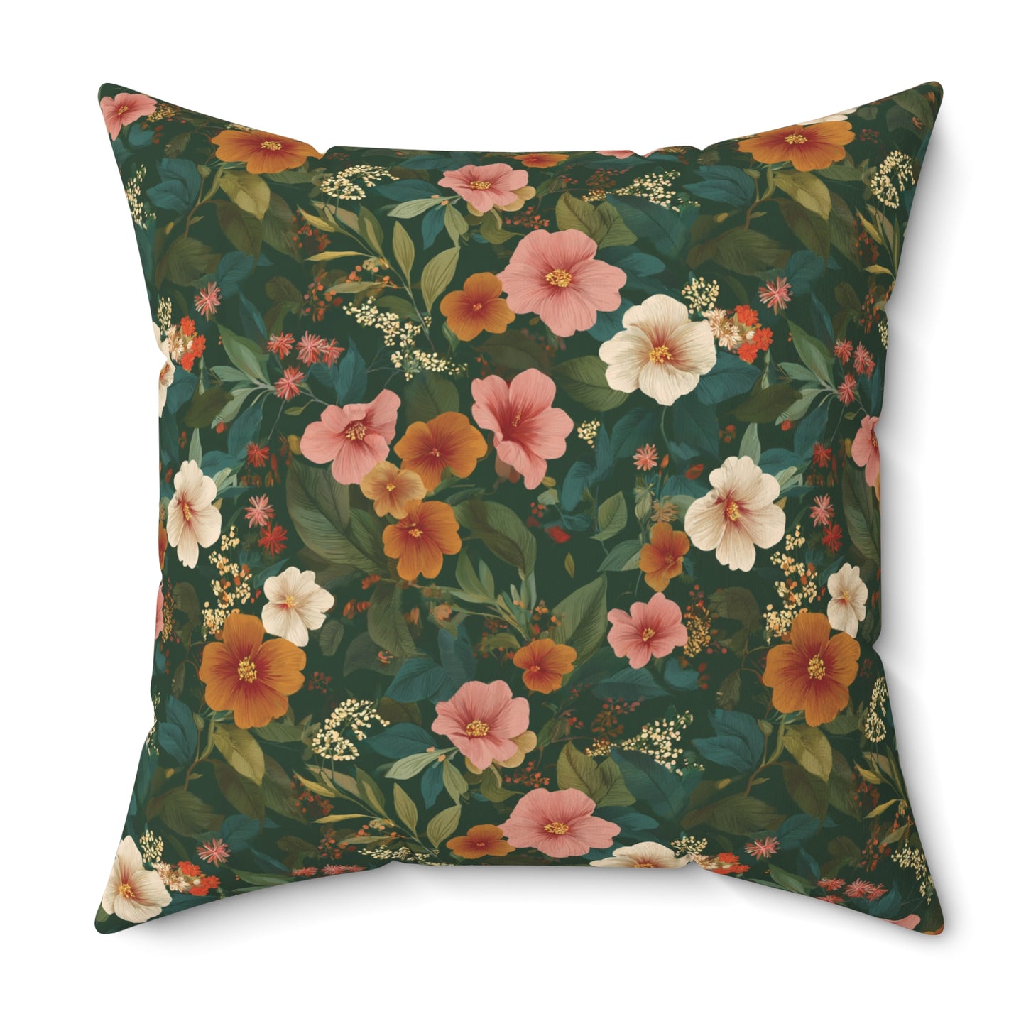 Vintage Floral Pattern Square Pillow | Dark Green Pink Orange Blossoms